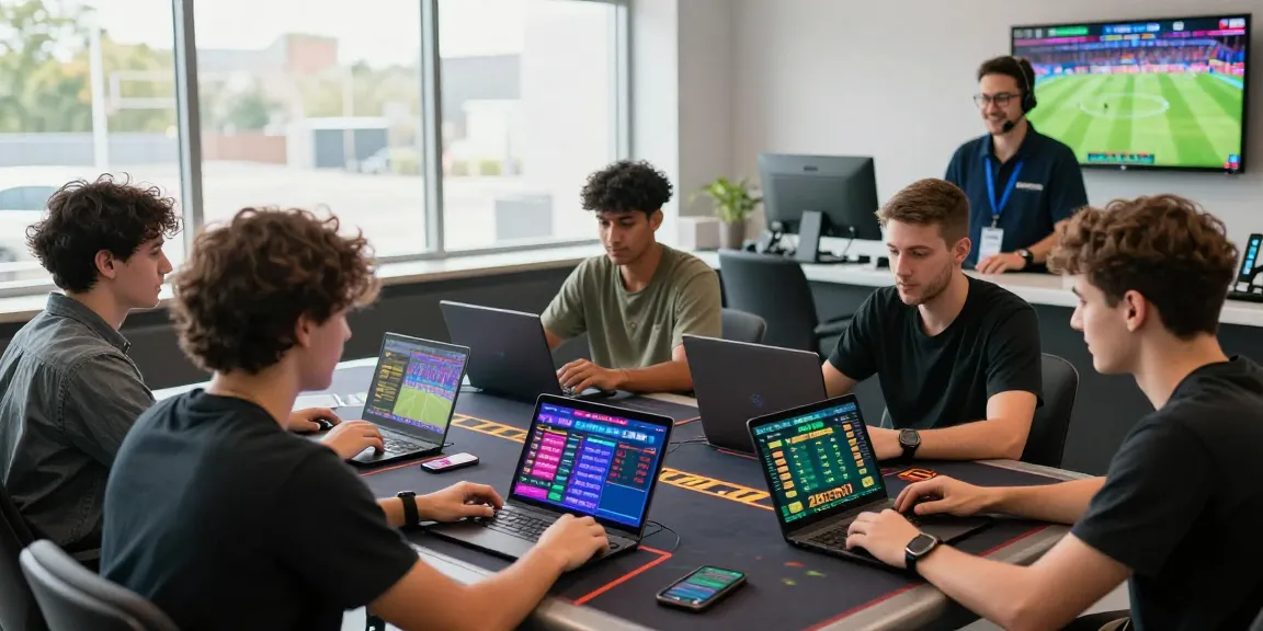 Exciting scene with players engaging on 28bet platform with devices in a lively gaming lounge.