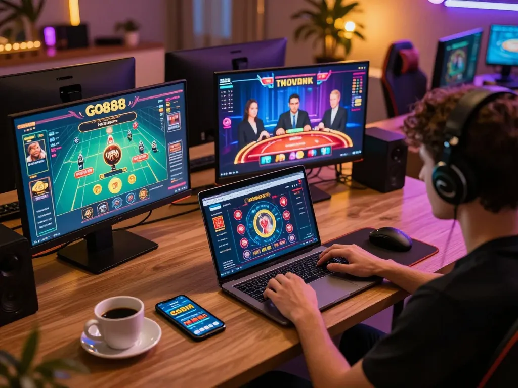 Engaged player using GO88 app on laptop for online gambling.