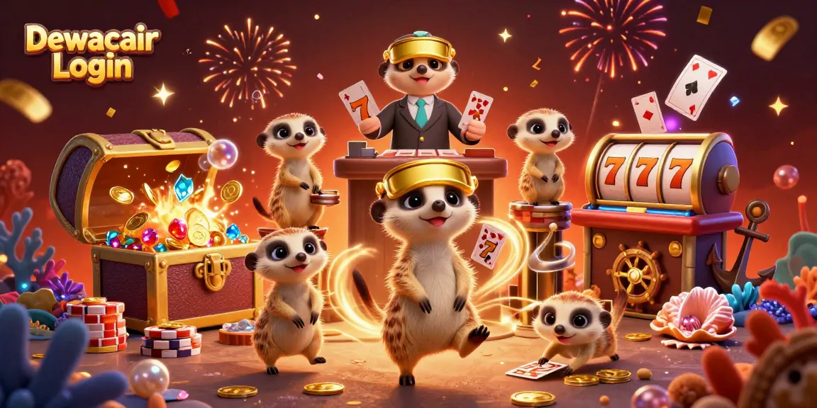 Dewacair Login showcases lively meerkats managing a casino filled with vibrant treasures and games.