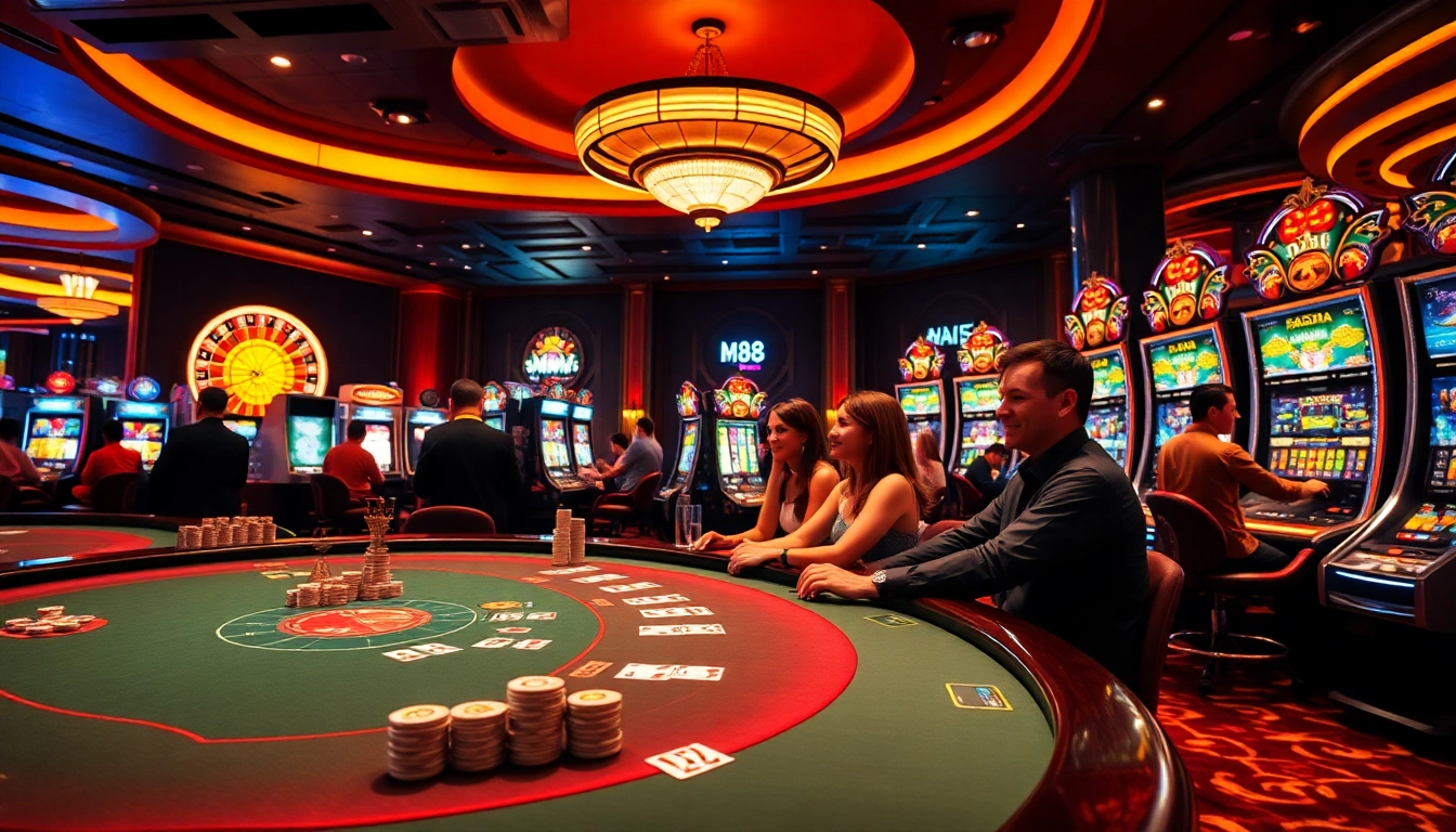 M88 casino scene with high-stakes poker table and vibrant players gambling