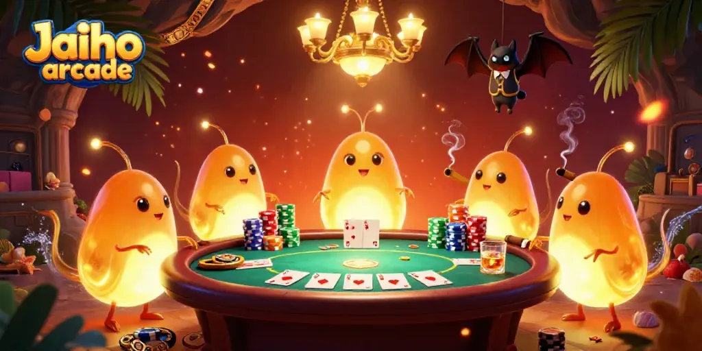 Engage with Jaiho arcade at our vibrant casino scene featuring glowworms and card games.