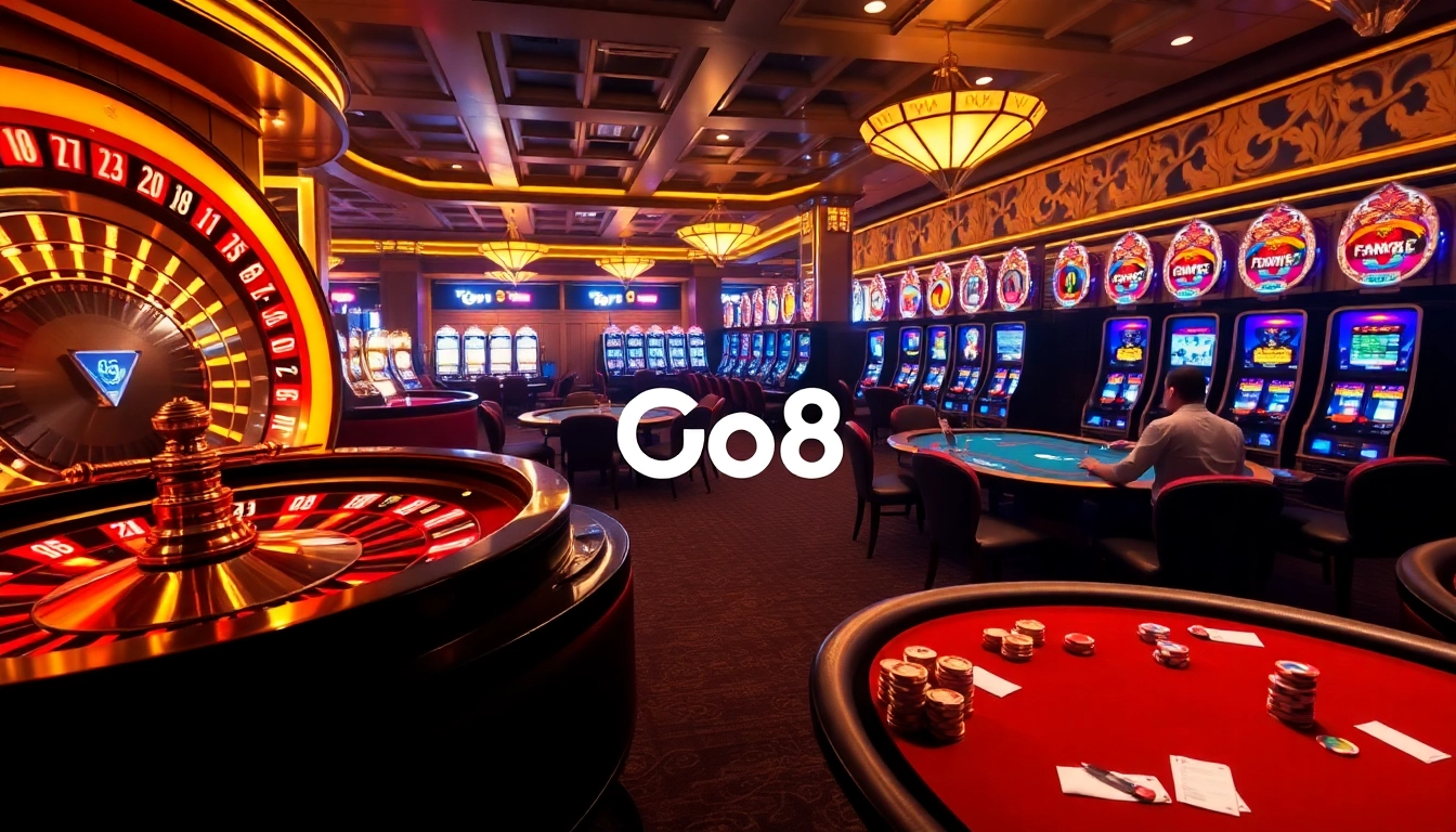 Experience the thrill of gaming at Go8 with vibrant casino tables and exciting roulette wheels.