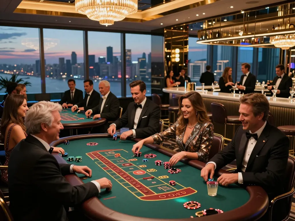 Players engaging at the sunwin casino with live blackjack and roulette tables, vibrant nightlife atmosphere