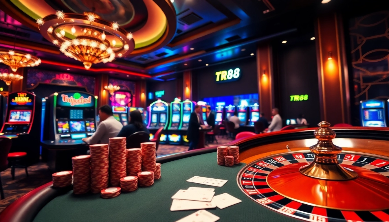 Experience the excitement of TR88 in a luxurious casino setting with poker tables and slot machines.