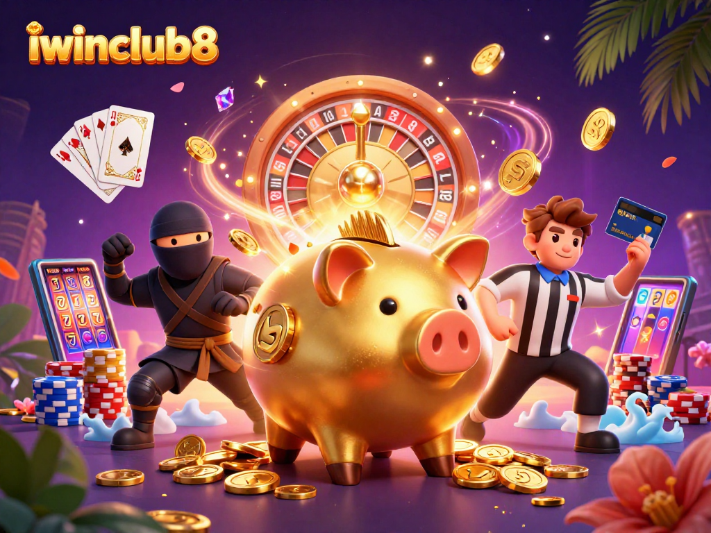 Experience the dynamic world of iwinclub8 with a golden piggy bank sumo and festive casino elements.