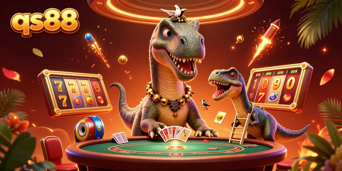 Experience thrilling gameplay at qs88 with a brontosaurus overseeing a vibrant casino scene.