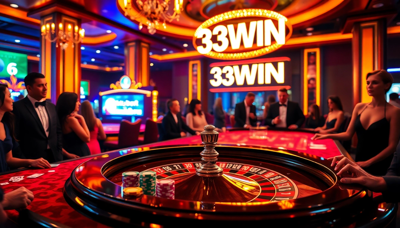 Players celebrate big wins at the 33WIN casino, surrounded by vibrant tables and thrilling action.