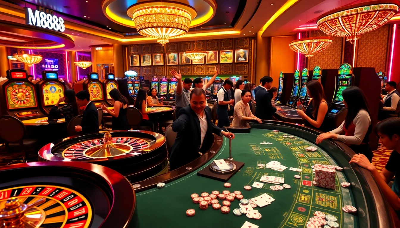 Experience the excitement of M88 at a vibrant casino featuring roulette and slot machines.