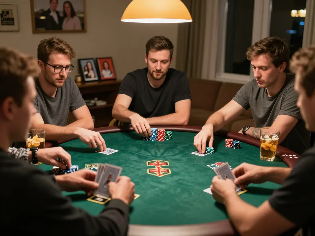 Engaging home poker night showcasing friends playing Texas Hold'em, emphasizing strategic gameplay for lv88seo.