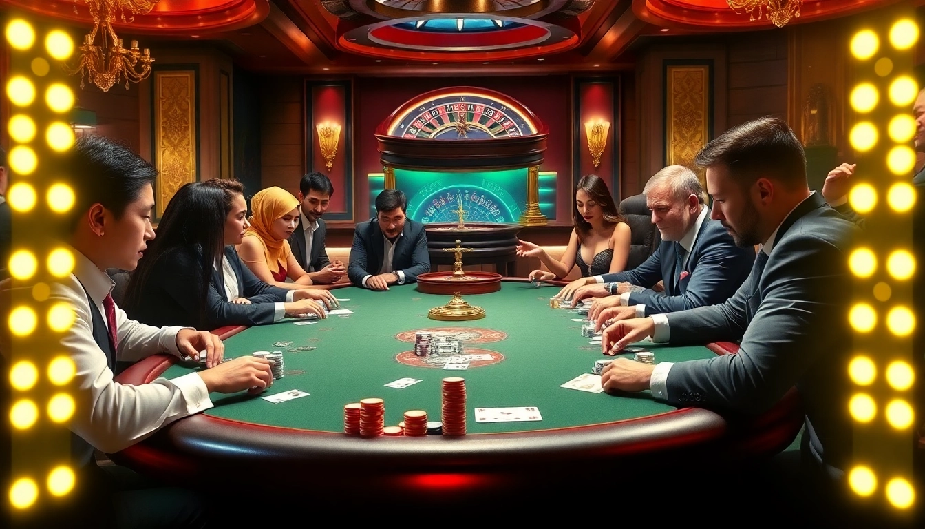 Engage in high-stakes poker with bet88.com at an opulent casino scene featuring vibrant tables and excited players.
