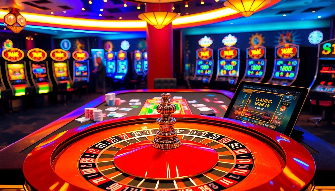 A vibrant casino scene showcasing the online interface of nhà cái win678 with poker chips and a roulette wheel.