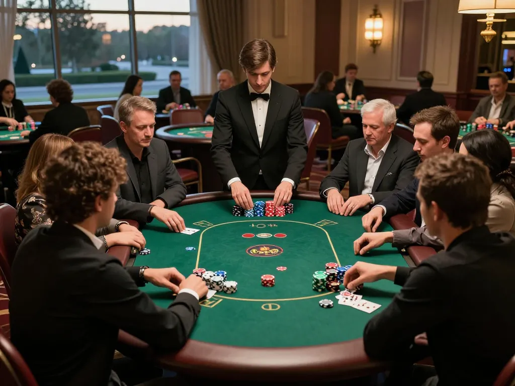 32win poker players strategizing during an intense game in a vibrant casino atmosphere