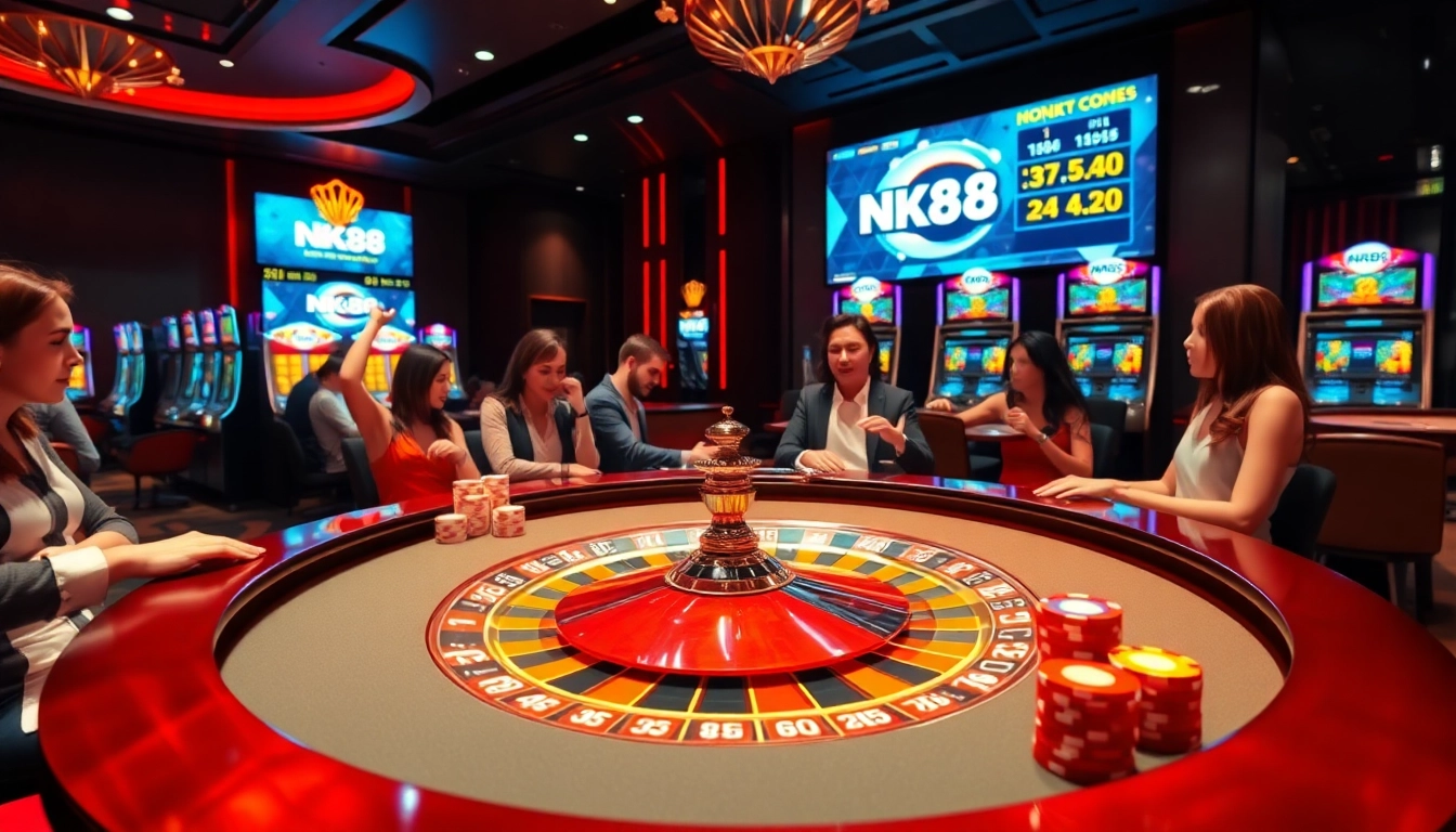 NK88 interactive online casino scene showing lively players at a roulette table