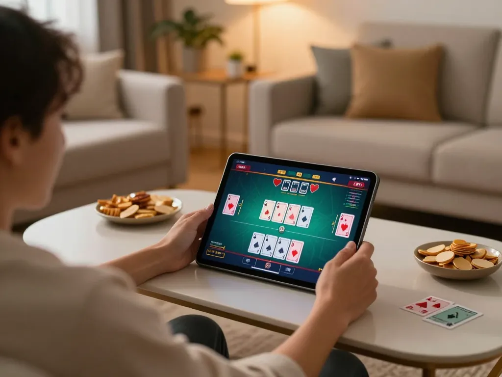 Player engaged in online poker on RR88 tablet, creating a cozy gaming atmosphere.