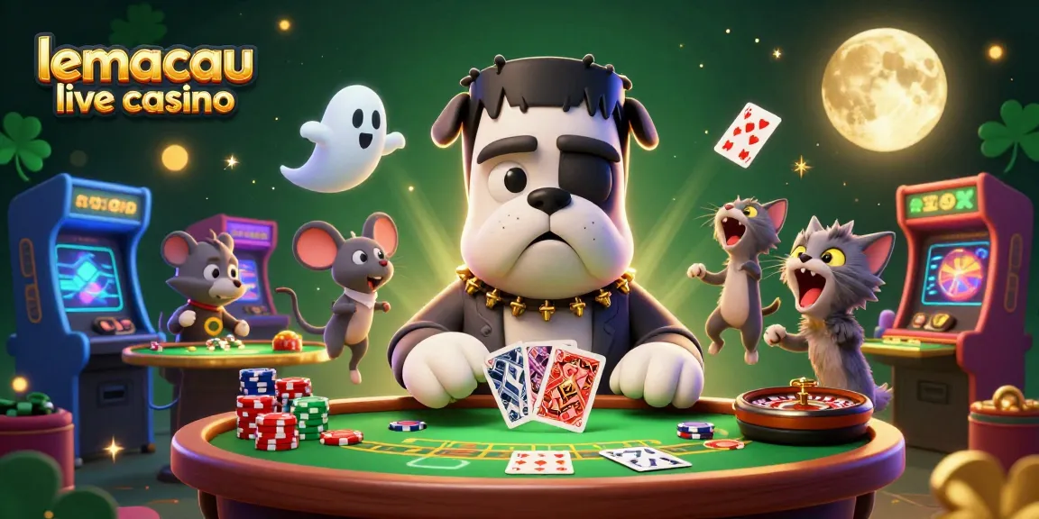 Lemacau live casino offers an exciting scene with cartoon characters dealing cards at a spooky table amidst vibrant casino elements.