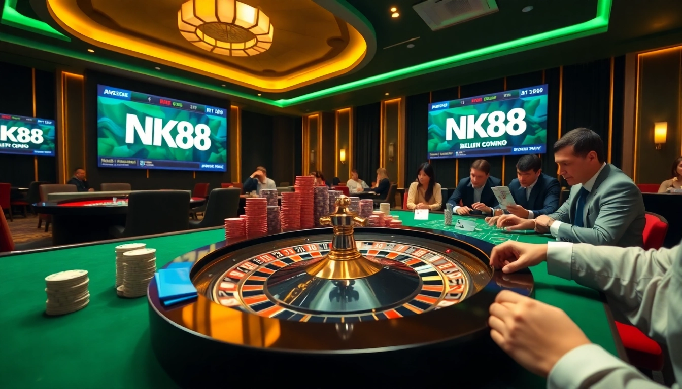 Online poker enthusiasts play at an NK88-themed table with vibrant chips and cards.