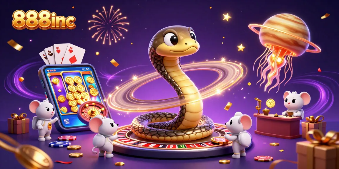 Engage with exciting games at 888inc, featuring vibrant 3D cosmic casino characters and elements.