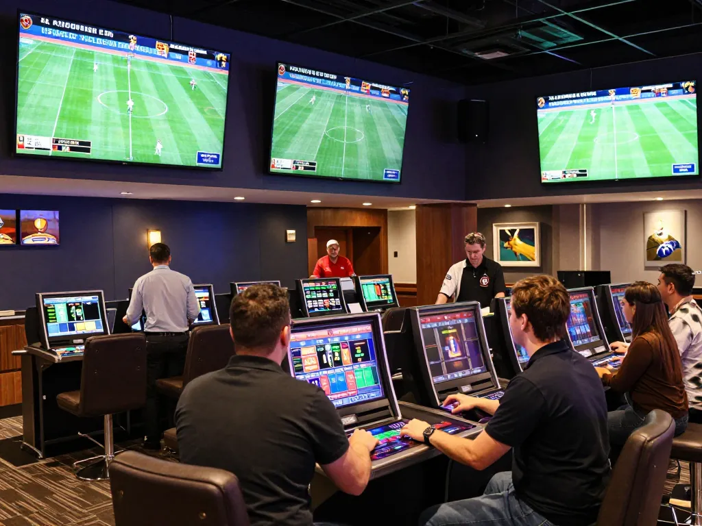 KQBD live betting lounge with excited bettors placing wagers and screens displaying football matches.