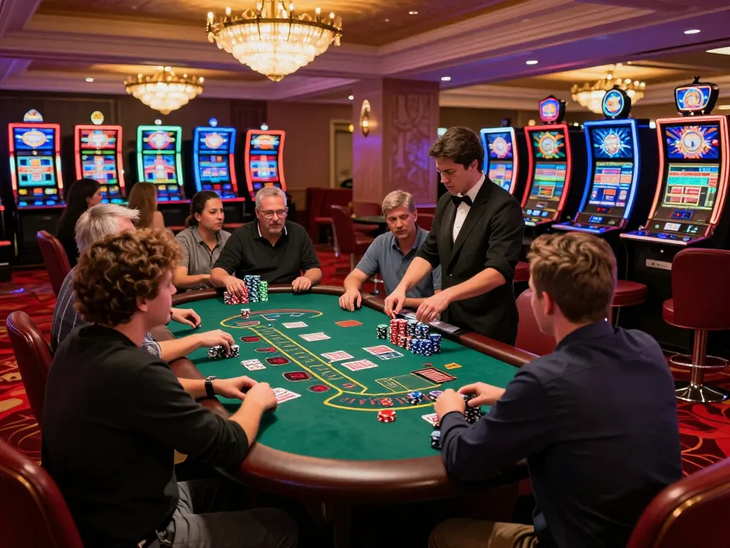 MM88 players strategize and place bets at a lively blackjack table in a glamorous casino.