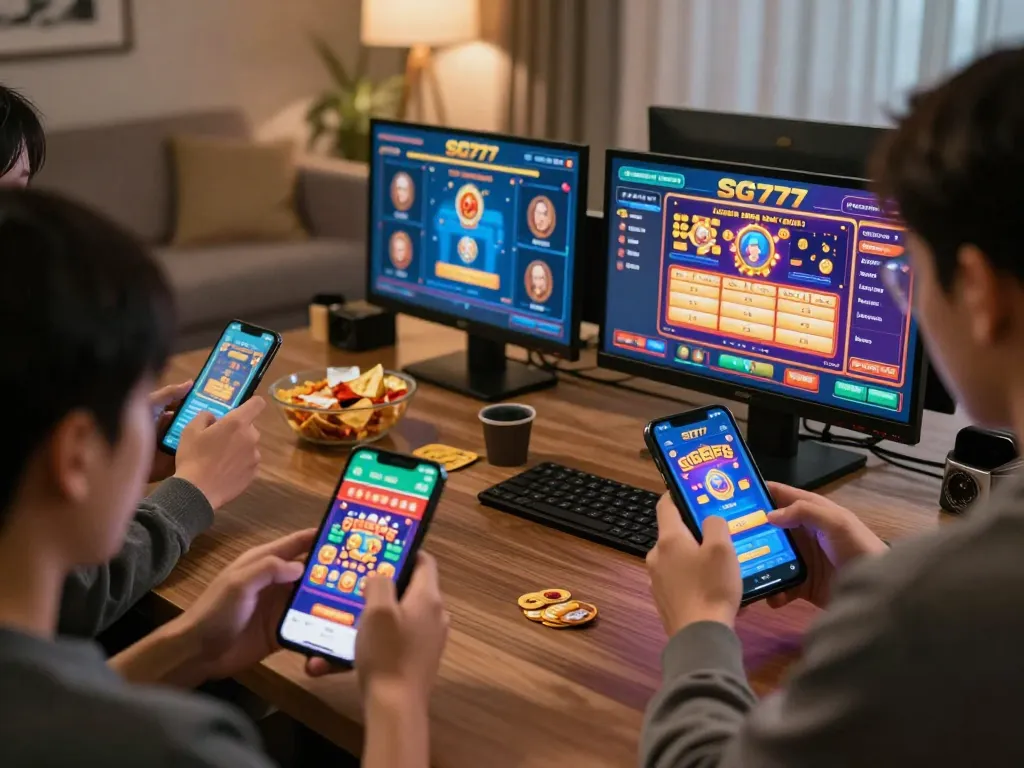 Players enjoying a mobile gaming experience with SG777, engaging in various casino games in a cozy setting.