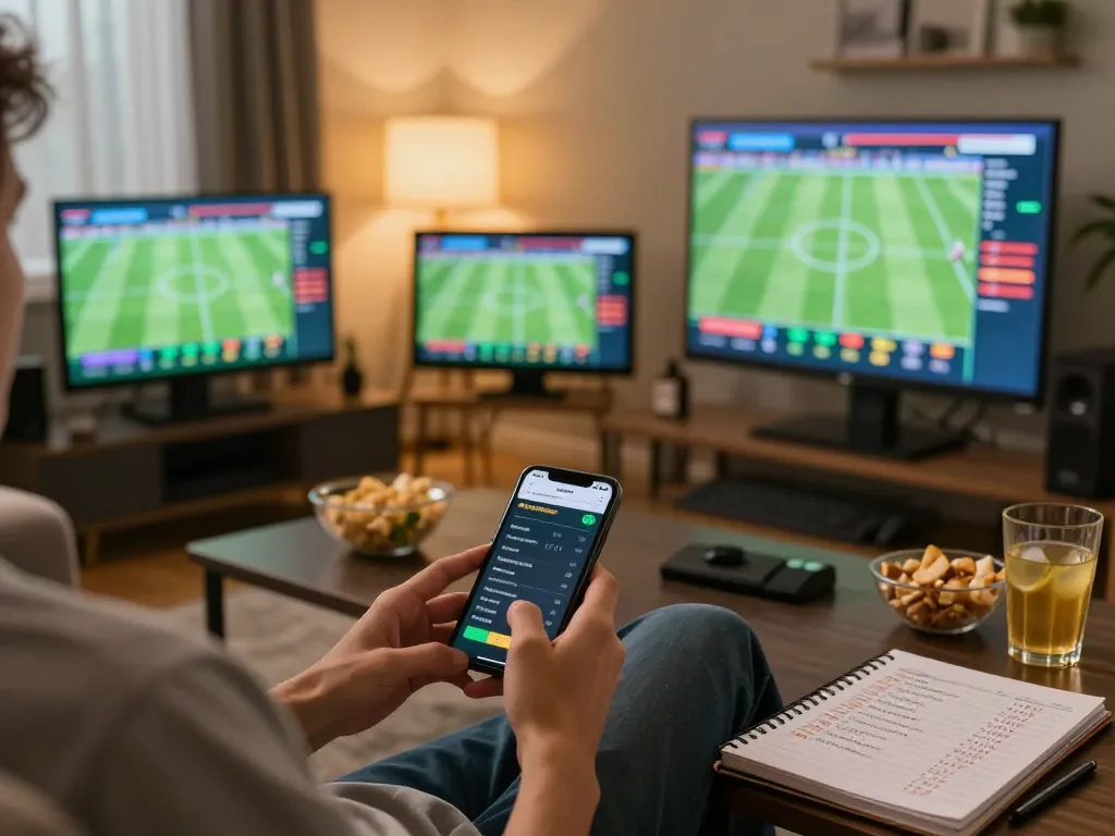 Exciting home sports betting scene showcasing kèo bóng đá hôm nay on multiple screens and smartphone.
