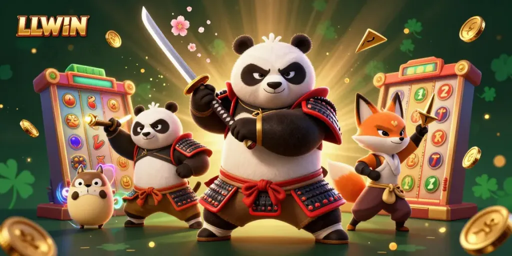 LLWIN slot game scene with a samurai panda and ninja fox, surrounded by colorful slot reels and golden coins.