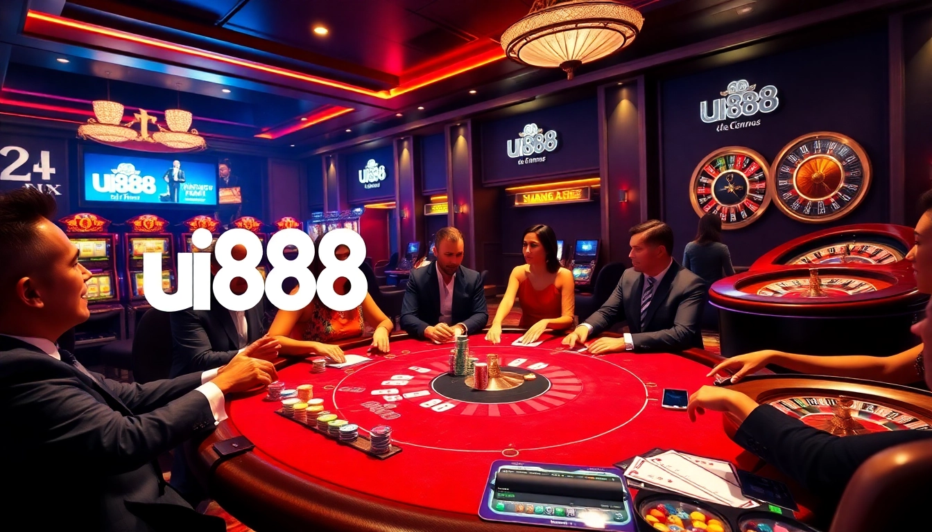 Gamblers engaging in a thrilling game at uu88's luxurious casino tables.
