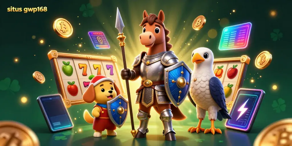 Gambarkan situs gwp168 dalam ilustrasi 3D menarik dengan elemen permainan slot, koin kripto, dan karakter.
