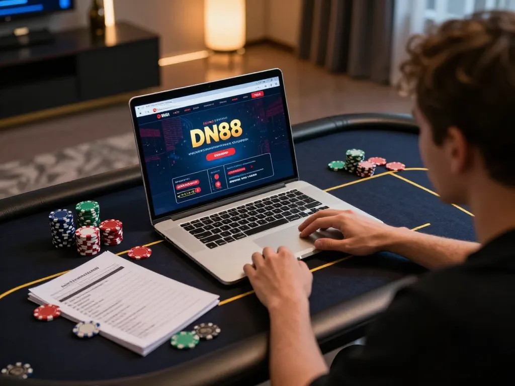 Player engaging in online casino gameplay on DN88 site, laptop and strategic notes visible, modern home setup.