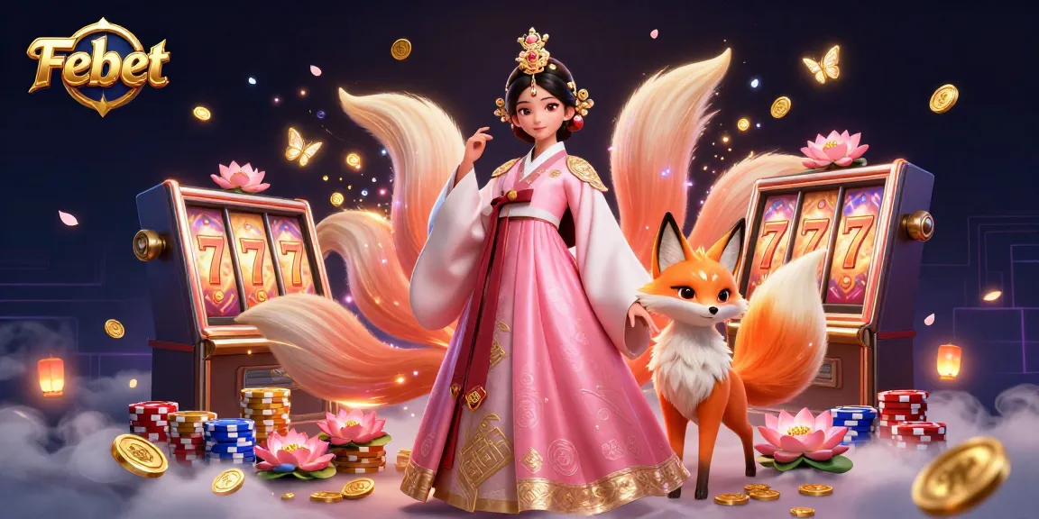 Engage with Febet's vibrant casino experience featuring a semi-realistic Asian woman, lucky fox, and slot reels.