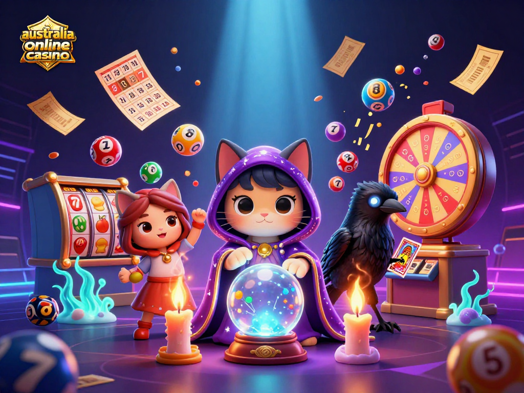 Experience thrilling play at australia online casino with vibrant slot reels, golden tickets, and mystical characters.