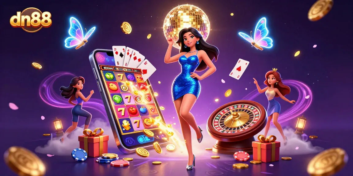 Experience excitement and winning chances at dn88 with vibrant casino-themed illustration featuring games and glamour.