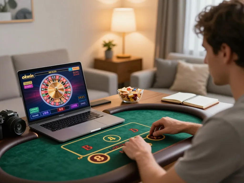 Active online gameplay showing a user immersed in okwin casino on a laptop with roulette interface.