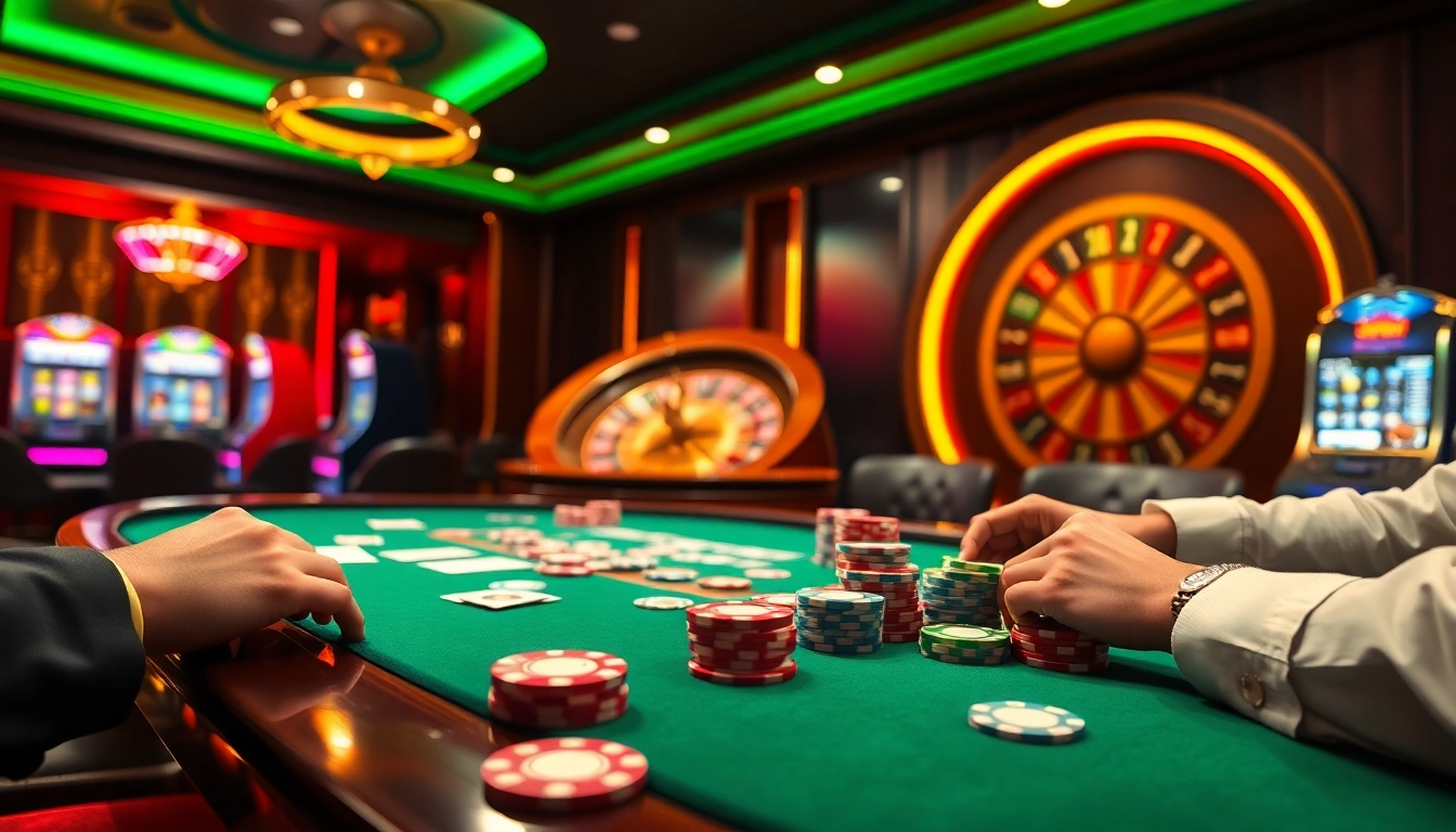 Engaged gamblers at a luxurious poker table featuring hay88-themed chips and cards, immersed in a thrilling atmosphere.
