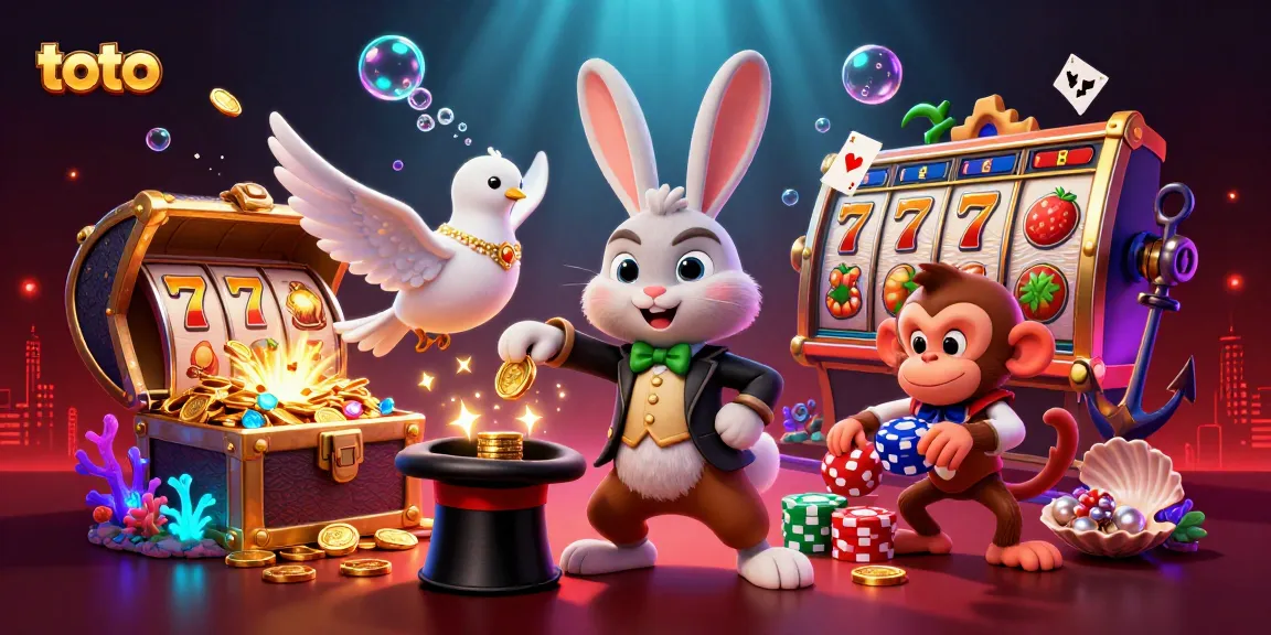 Engage with toto-themed casino adventure featuring a magician, dove, monkey, and slot reels with sparkling treasures.
