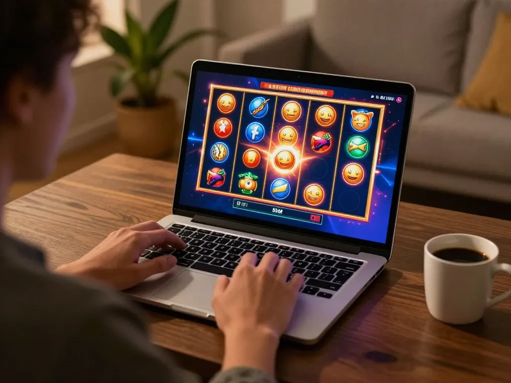 Playing link slot gacor on a laptop in a cozy home setup, vibrant slot symbols on screen.