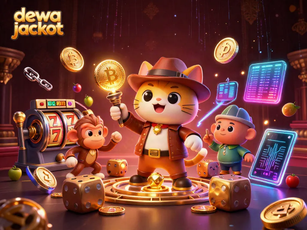 Ilustrasi 3D slot dewa jackpot dengan penjelajah kucing dan monyet mendampingi artefak emas di kasino