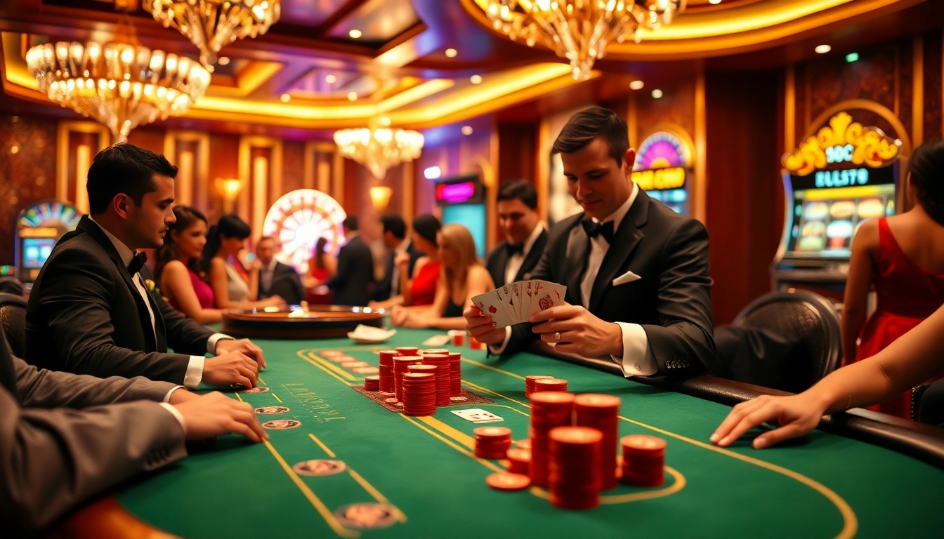 Players engage in high-stakes poker at LC88's luxurious casino table, showcasing excitement and strategy.