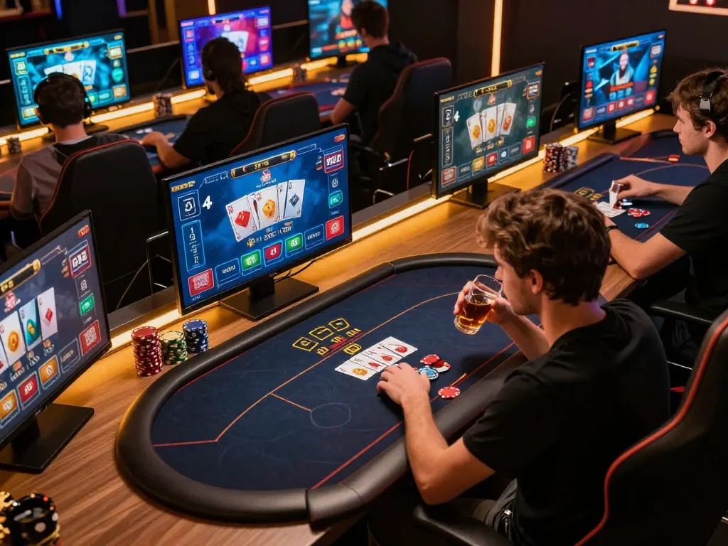 Players focusing on an online poker game at nhà cái uy tín Qh88, showcasing vibrant card graphics and a modern gaming setup.