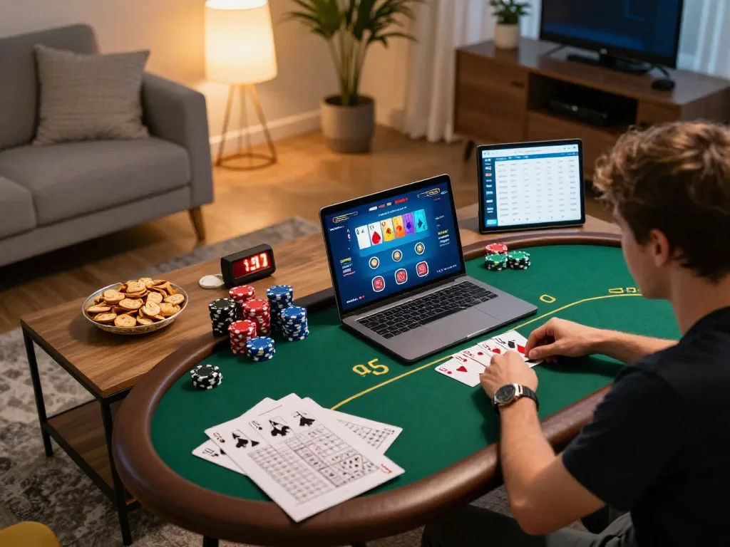 Engaging home poker game with a user exploring Nhà cái bl555 on their laptop in a cozy setup.