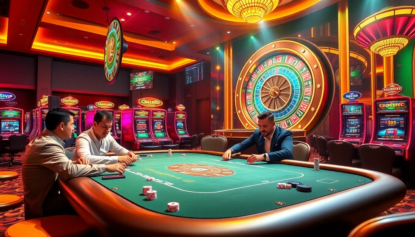 Experience excitement at 68VIP with a luxurious poker table scene filled with action and vibrant slot machines.