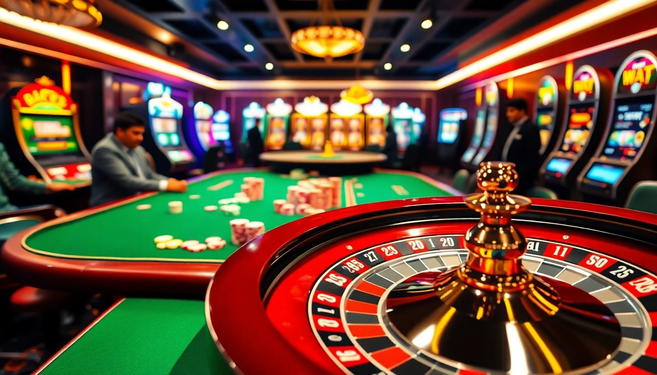 Engaging players at a luxurious poker table and roulette wheel scene, highlighting rr88.com.