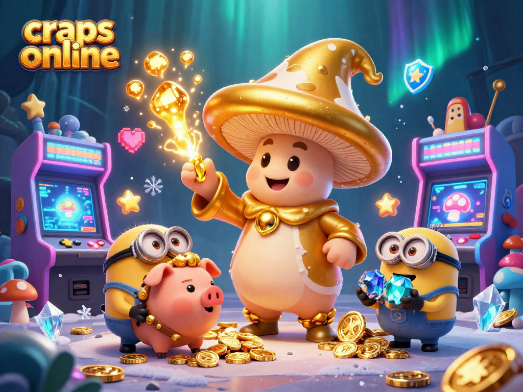 Illustration of craps online featuring a golden wizard and treasure-seeking pig with casino elements.