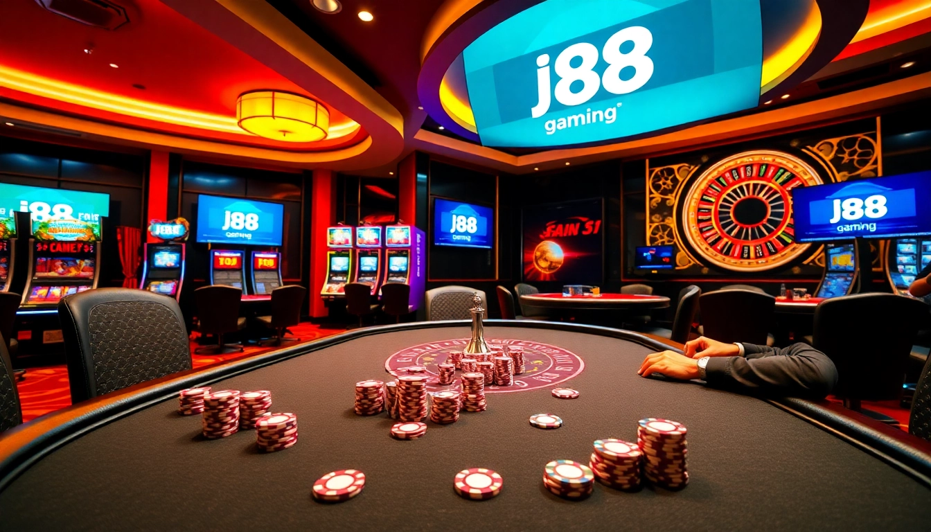 Exciting poker game scene featuring j88 chips and vibrant casino atmosphere