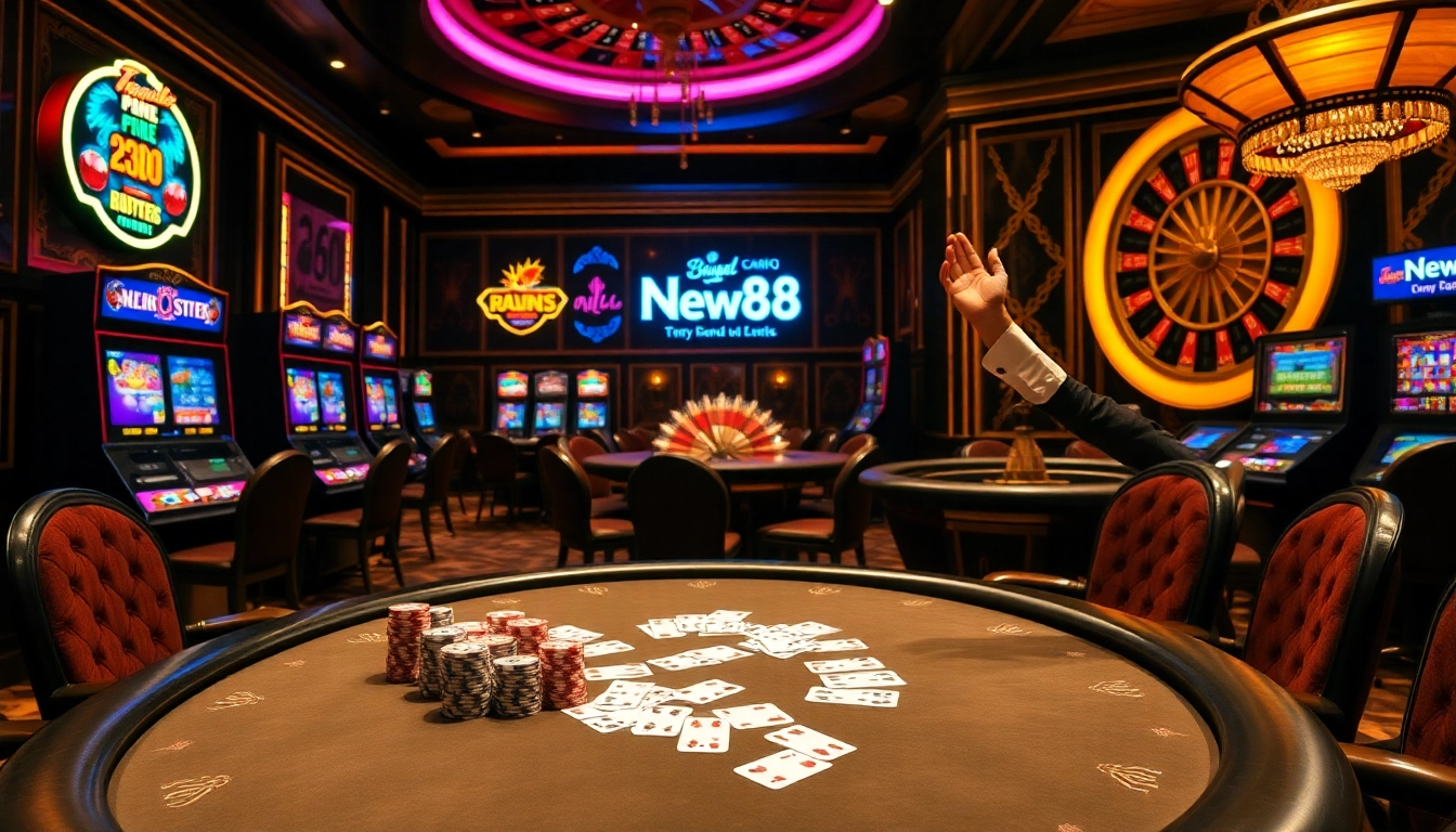 Experience the excitement of New88 with vibrant casino visuals showcasing high-stakes poker and roulette.