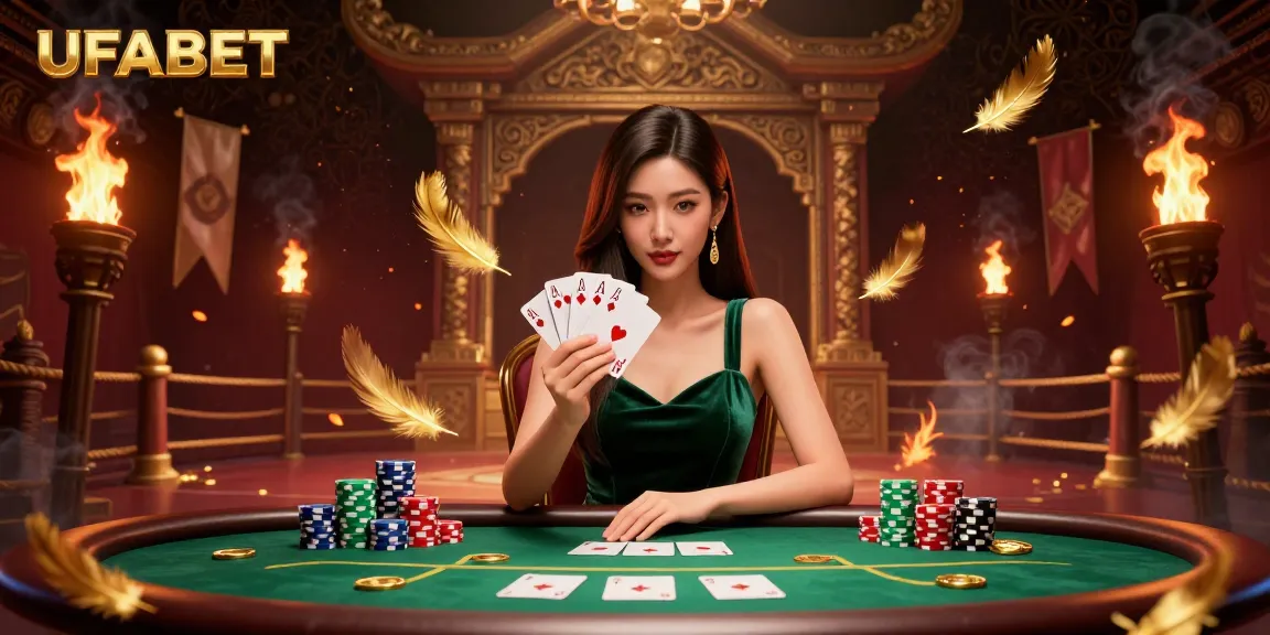 Experience UFABET's luxury poker scene with a stunning Asian dealer and vibrant gaming elements.