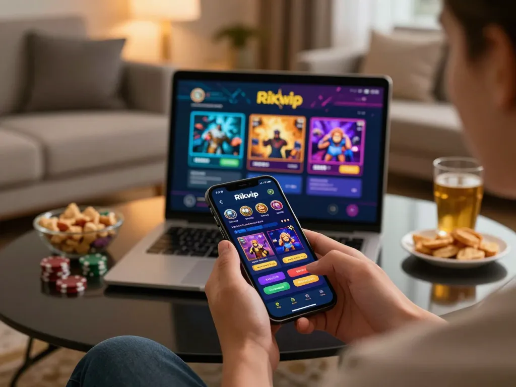 Engaging with the rikvip casino app in a cozy home environment, showcasing vibrant game options.
