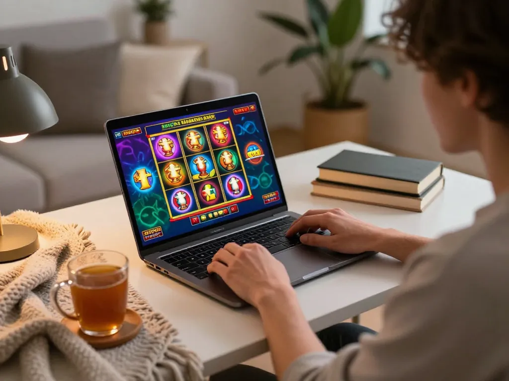 Engaging online gaming at home with a focus on situs slot gacor gameplay on a sleek laptop