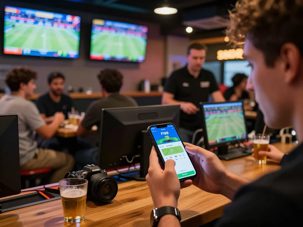 Person using the F168 app for live sports betting while enjoying a vibrant sports bar atmosphere.