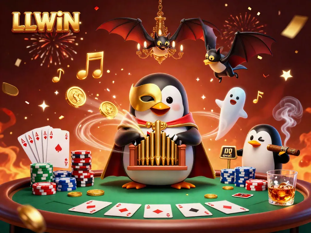LLWIN invites players to a thrilling atmosphere with a 3D penguin playing a golden organ amid poker games.
